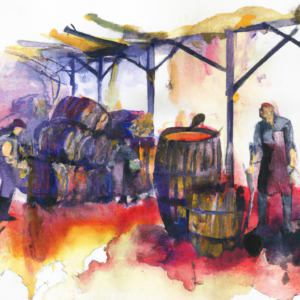 Scene in the cellar of a winery, men with hoses and wine barrels on their sides, spilt red wine, watercolor