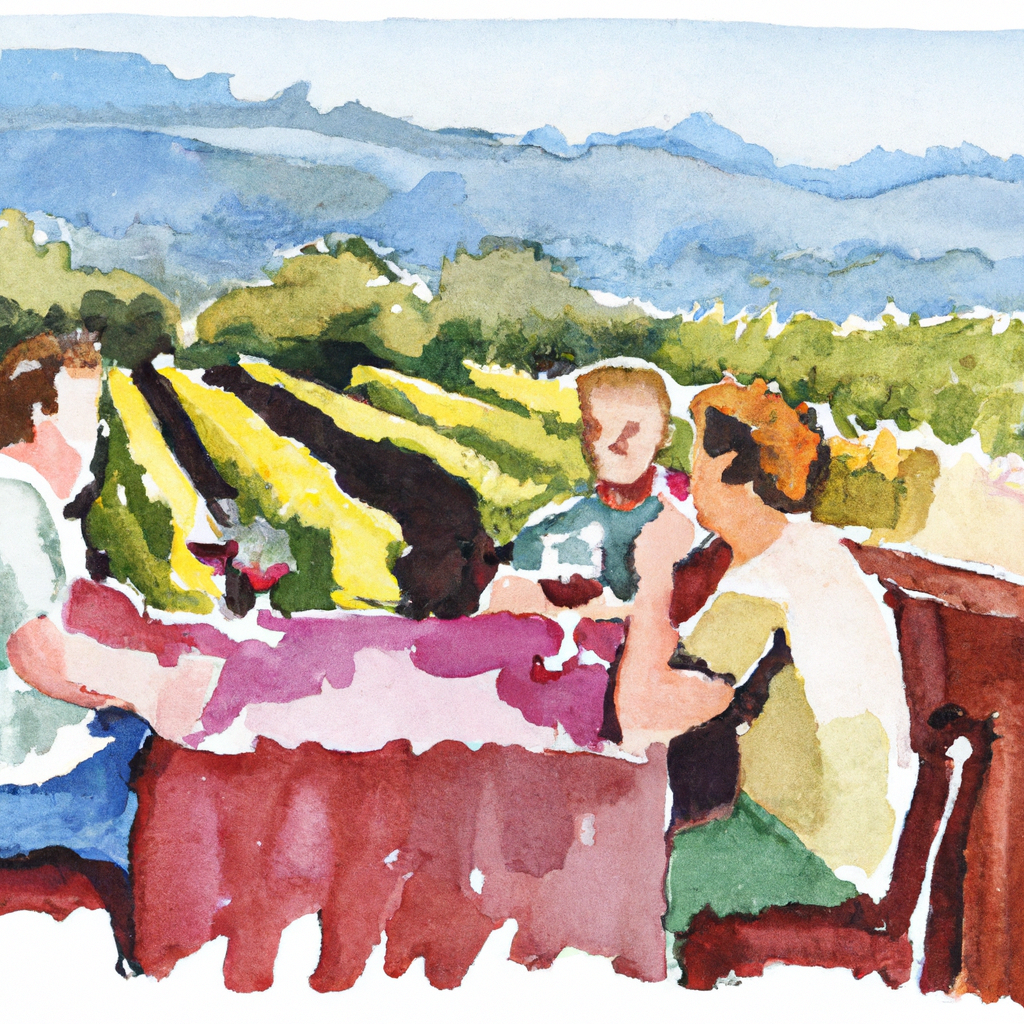watercolor, winery, people drinking red and white wine, at a table, next to vineyard, accurate hand and wine glass depictions