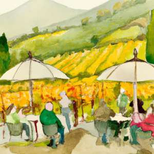 watercolor, winery, people drinking white wine, in a vineyard, fall colors