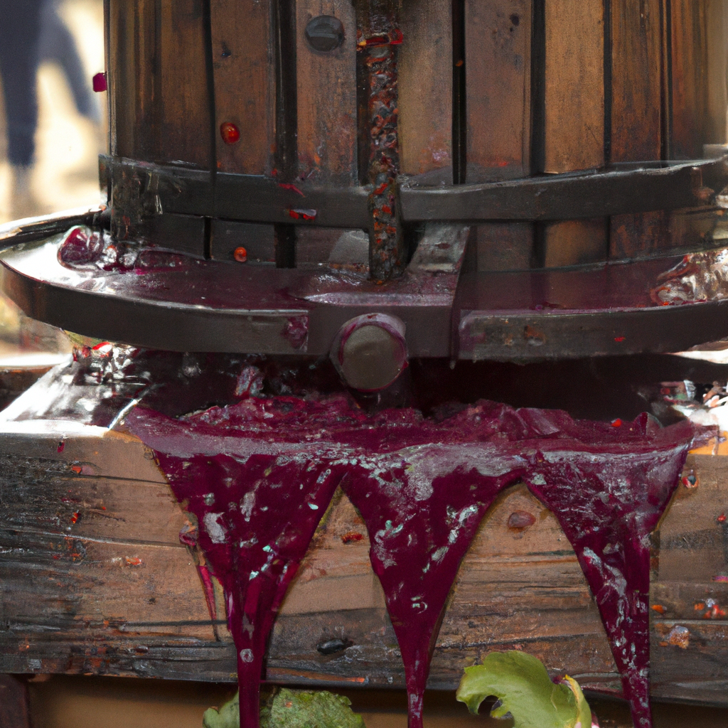 wooden wine press, accurate depiction,pressing red wine grapes, juice flowing